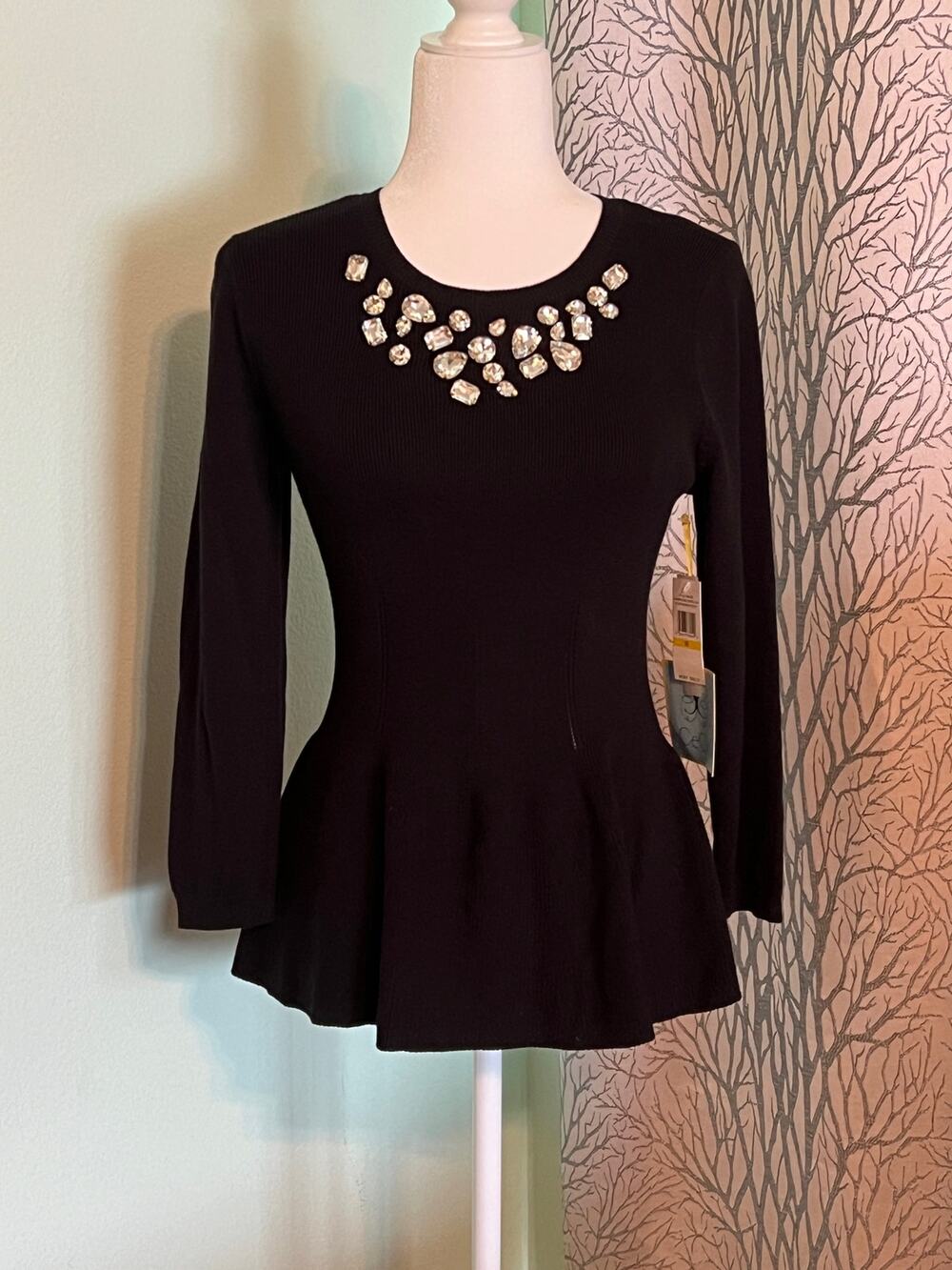NWT Cece black sz M sweater. Long sleeve, chunky beads, fit & flare 100% cotton